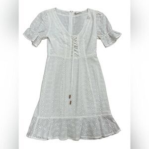 Here Comes the Sun Midi Dress Womens XS White Tie Front Eyelet Broderie Anglaise